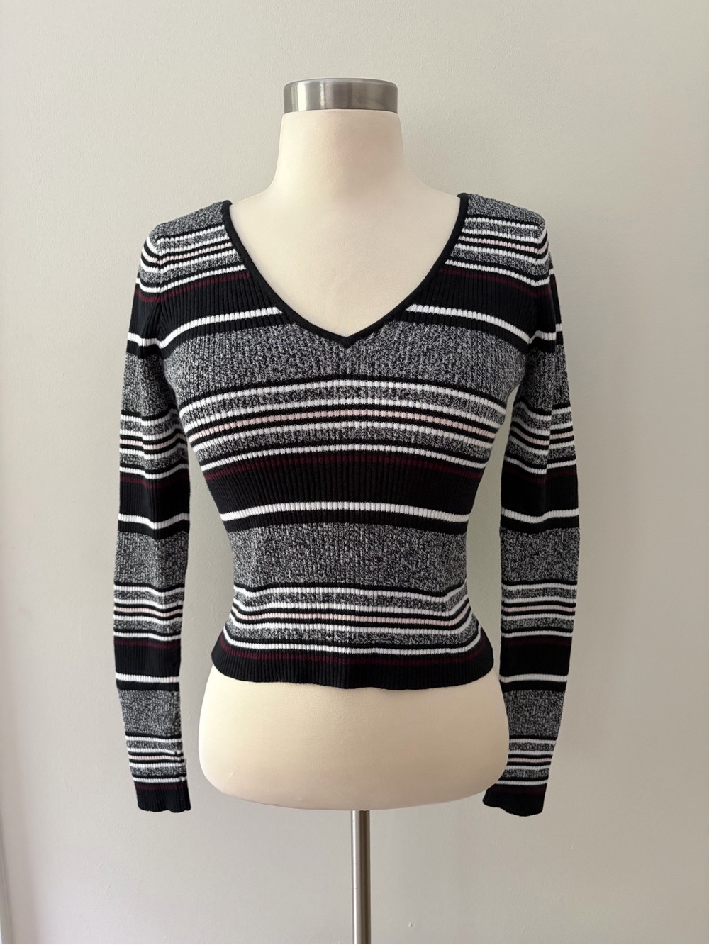 PacSun La Hearts Cropped Striped Back & Front V-Neck Sweater M Retro Style Indie